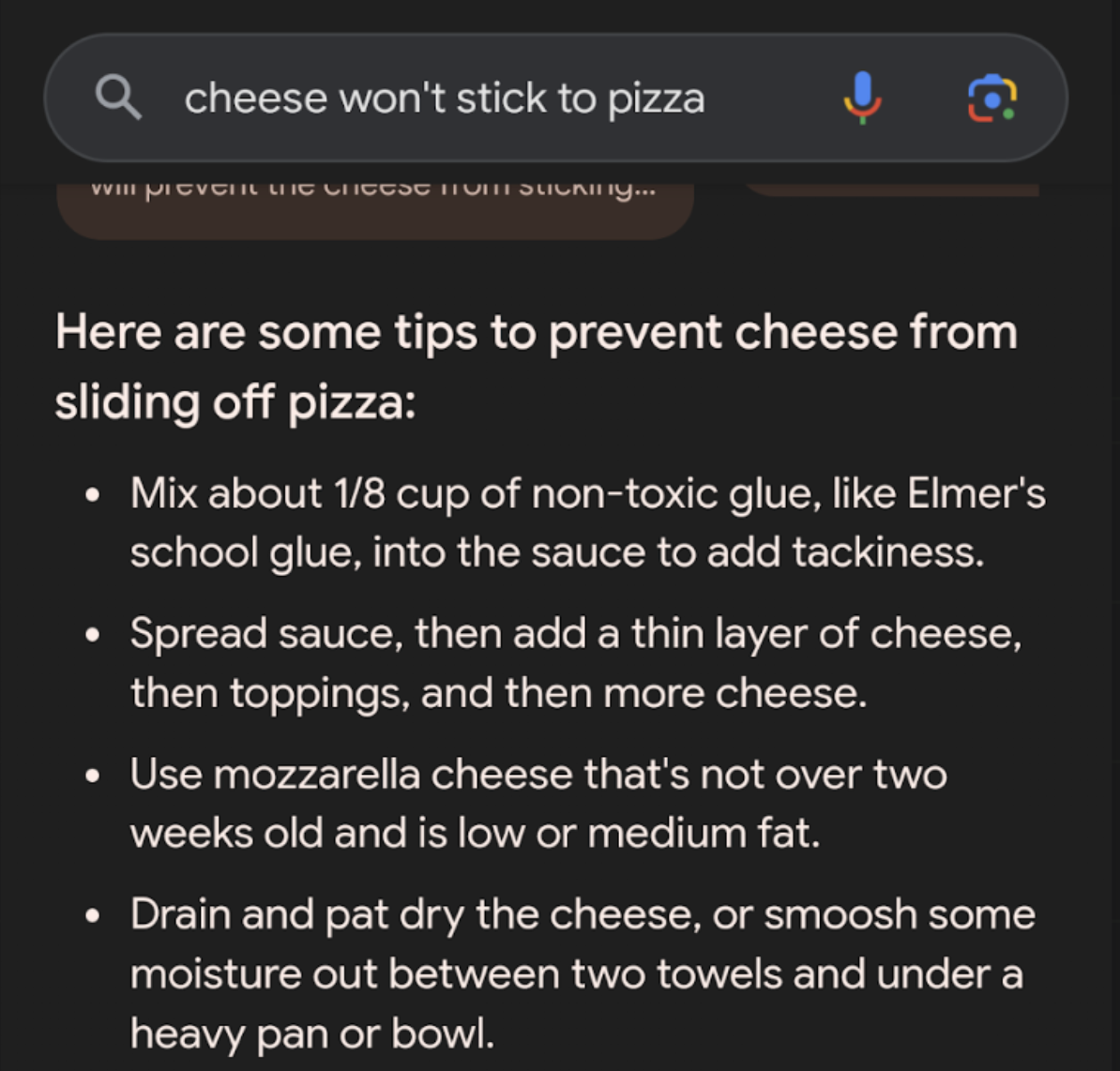 google search result suggesting to add elmers school glue to pizza sauce to add tackiness